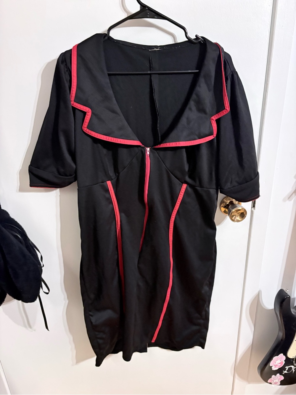 Black Dress with Pink Trim V-Neck Zip Front